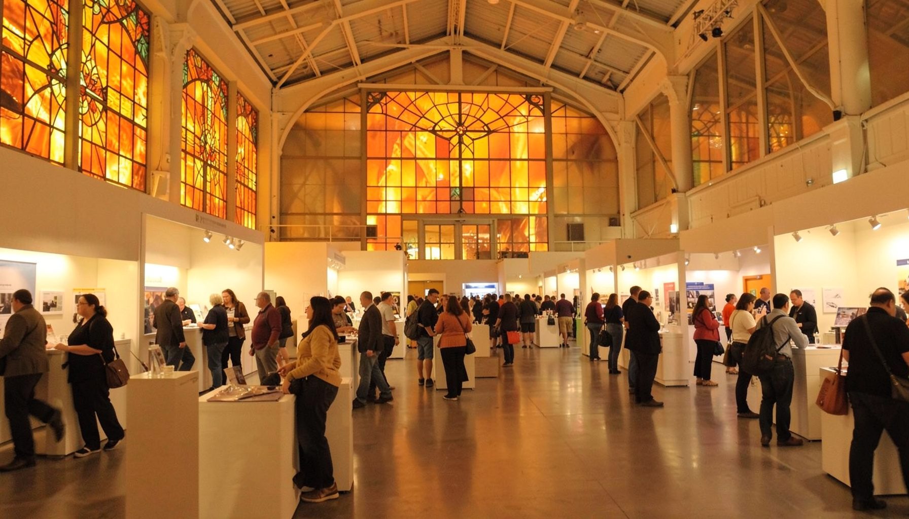Warmly lit exhibition hall with rows of booths and attendees browsing, soft amber and cream tones, welcoming atmosphere