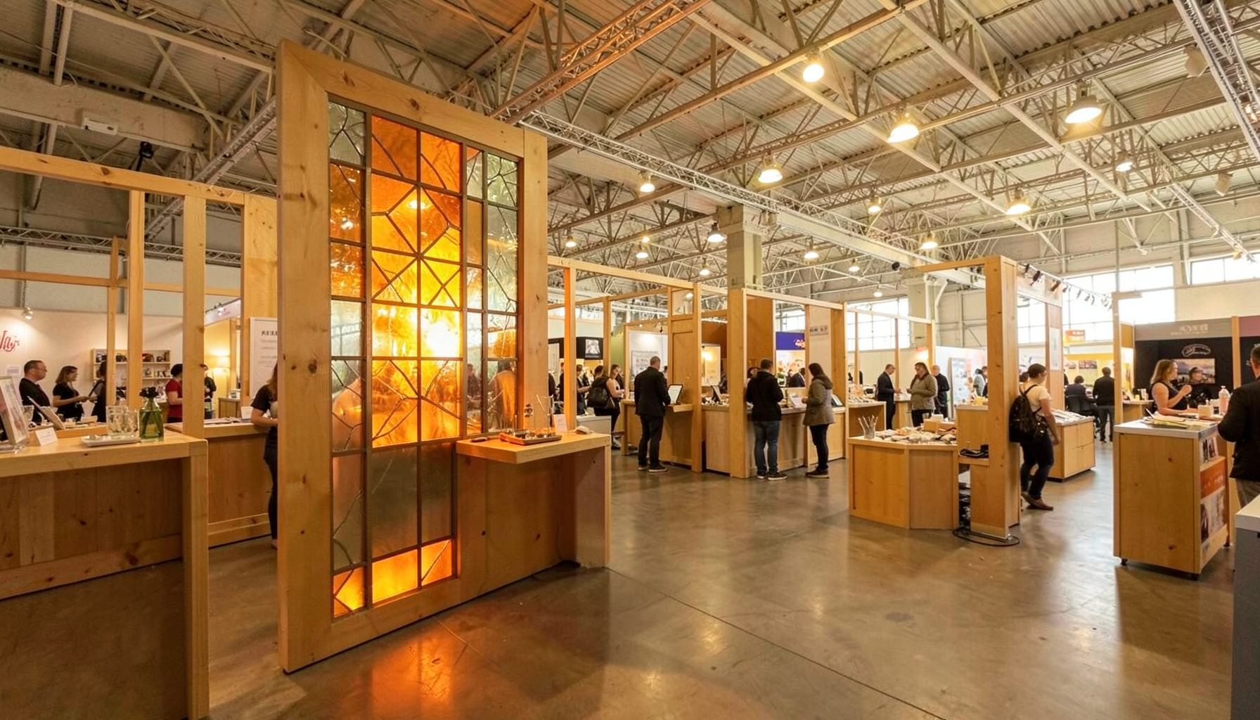 Warm, sunlit expo hall with rows of exhibition booths, natural wood tones, and soft golden lighting creating an inviting atmosphere