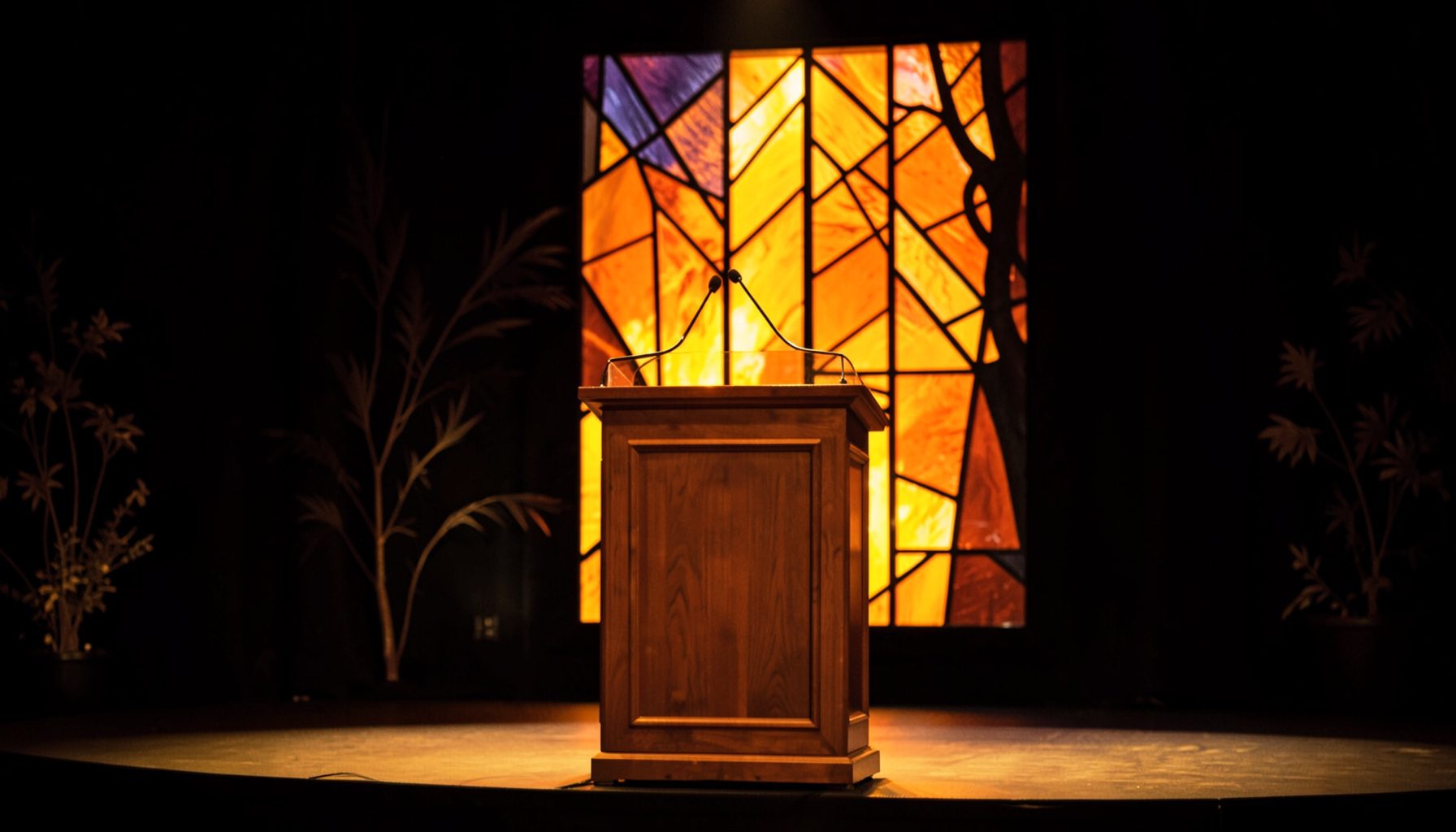 A warm conference stage with a wooden lectern and soft amber lighting, set against a dark backdrop with subtle natural motifs, conveying a professional yet welcoming atmosphere.